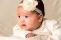 Childhood, motherhood, emotions, fashion concept - worried sad crying chubby baby with open mouth close up little girl Royalty Free Stock Photo