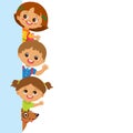 Childhood Is The Safest Period Of Human Life. Smiling Cute Kids Behind Vertical Banner.