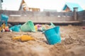 Childhood sandbox concept: Close up of plastic toy bucket