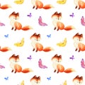 Childhood seamless pattern with cute red foxes and butterflies.