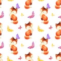 Childhood seamless pattern with cute red foxes and butterflies