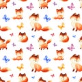 Childhood seamless pattern with cute red foxes and butterflies