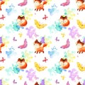 Childhood seamless pattern with cute red foxes and butterflies