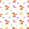 Childhood seamless pattern with cute red foxes and butterflies.