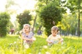 Childhood, summer and leisure concept - two cute happy little babies of irish twins boy and girl sitting in bright grass Royalty Free Stock Photo