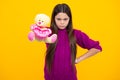 Childhood, toys and kids. Cute teen girl cuddling fluffy toy. Angry teenager girl, upset and unhappy negative emotion.