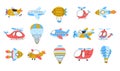 Childish air transport. Hot air balloons, airplane and airship. Isolated flying transportation, kids trip or adventure