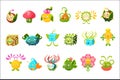 Childish Alien Fantastic Alive Plants Emoji Characters Collection Of Vector Fantasy Vegetation