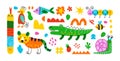 Childish animals. Doodle figure characters. Cute fun children imagination. Funny monster. Color crocodile. Bee and tiger