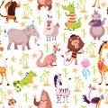 Childish animals seamless pattern. Cute summer wild fauna background, kids jungle wildlife cartoon safari zoo tropical