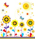 Childish applique with paper sunflowers, sun and butterflies