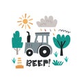 Childish background with cute tractor