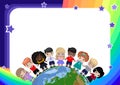 Childish background, diploma, certificate, frame, template with a rainbow and stars, with happy children of different races and Royalty Free Stock Photo