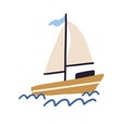 Childish boat with sails and flag floating in sea or ocean. Sailboat and water waves in Scandinavian style. Hand-drawn