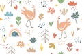 Childish botanical and animalistic seamless background. Minimalistic doodle drawings