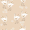 Childish botanical and animalistic seamless background. Minimalistic doodle drawings of plants and animals in pastel colors