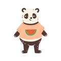 Childish character, funny panda portrait in t shirt, watermelon print. Cute bear, teddy hugs, animal toy. Hand drawn Royalty Free Stock Photo