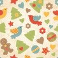 Childish Christmas seamless pattern with Christmas trees, birds, gingerbread men Royalty Free Stock Photo