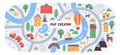 Childish city map creator seamless pattern with different transport on road and house building Royalty Free Stock Photo