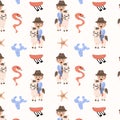 childish cowboy pattern with boy and horse, snake, sheriff star Royalty Free Stock Photo