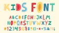 Childish cute alphabet. Hand drawn baby funky ABC, doodle letters, numbers and sight. Nursery bright alphabet vector