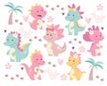 Childish cute girl dinosaur cartoon characters for nursery and baby shower vector illustration Royalty Free Stock Photo