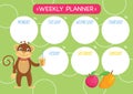 Childish cute week planner. Horizontal. With a cute Monkey character and a cocktail.