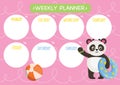 Childish cute week planner. Horizontal. With a cute Panda character and an inflatable ring.