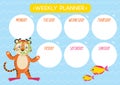 Childish cute week planner. Horizontal. With cute Tiger character, swimming mask and fins.