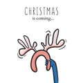 Childish deer cartoon greeting illustration sketch. Creative funny winter Christmas scandinavian style kids print for