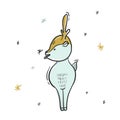 Childish deer eating snowflakes cartoon illustration sketch. Creative winter Christmas scandinavian style kids texture