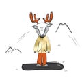 Childish deer on snowboard cartoon winter sketch. Creative ski polar print Christmas scandinavian style kids texture for