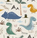 Childish dinosaur seamless pattern for fashion clothes, fabric, t shirts. hand drawn vector with lettering Royalty Free Stock Photo