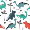 Childish dinosaur seamless pattern for fashion clothes, fabric, t shirts. hand drawn vector with lettering.