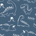 Childish dinosaur seamless pattern for fashion clothes, fabric, t shirts. hand drawn vector