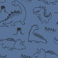 Childish dinosaur seamless pattern for fashion clothes, fabric, t shirts. hand drawn vector