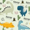 Childish dinosaur seamless pattern for fashion clothes, fabric, t shirts. hand drawn vector with lettering