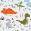 Childish dinosaur seamless pattern for fashion clothes, fabric, t shirts. hand drawn vector with lettering Royalty Free Stock Photo