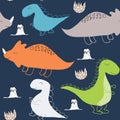 Childish dinosaur seamless pattern for fashion clothes, fabric, t shirts. hand drawn vector with lettering Royalty Free Stock Photo