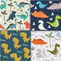 Childish dinosaur seamless pattern set for fashion clothes, fabric, t shirts. vector Royalty Free Stock Photo