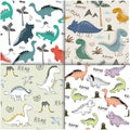 Childish dinosaur seamless pattern set for fashion clothes, fabric, t shirts. vector Royalty Free Stock Photo