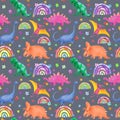 Childish dinosaurs seamless pattern. Lovely fantastic dino. Watercolor prehistoric repeated background with rainbows