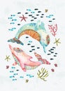 Childish dolphins underwater with fish, starfish, corals, shells in cartoon style