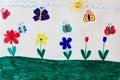 Childish drawing of butterflies and flowers