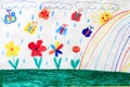 Childish drawing with butterflies rainbow and flowers