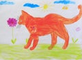 Childish drawing of funny red cat. Fantasy of child