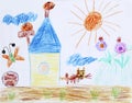 Childish drawing of house clouds butterfly and flower bed Royalty Free Stock Photo