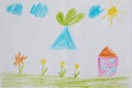 Childish drawing of house clouds and flower bed Royalty Free Stock Photo