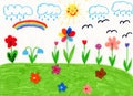 Childish drawing of house flowers and rainbow Royalty Free Stock Photo