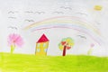 Childish drawing of house tree and rainbow